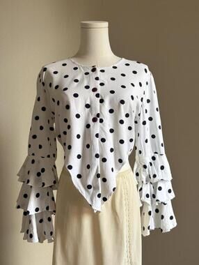 Vintage 90s white polka dot button up blouse, medium